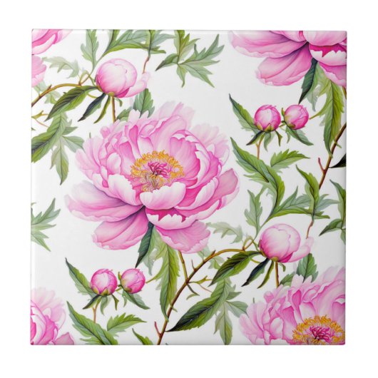桃色の牡丹の花とセージ・グリーン離れ タイル (正面)