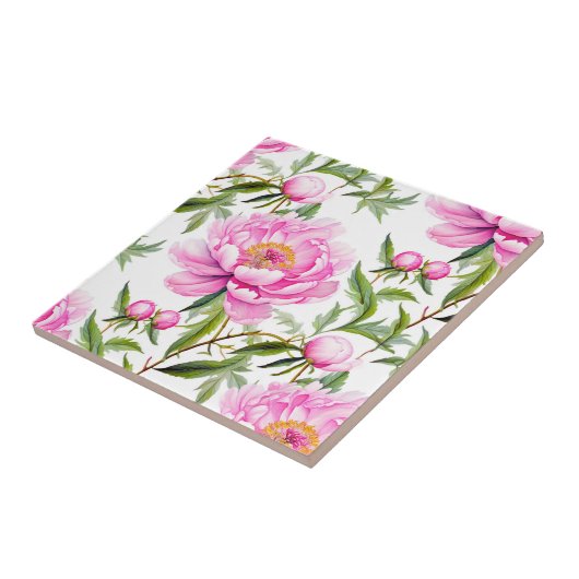 桃色の牡丹の花とセージ・グリーン離れ タイル (側面)