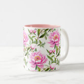 桃色の牡丹の花とセージ・グリーン離れ ツートーンマグカップ (正面右)