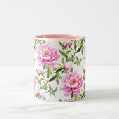 桃色の牡丹の花とセージ・グリーン離れ ツートーンマグカップ (中央)