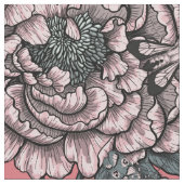 桃色の牡丹の花と蛾 ファブリック (クローズアップ)