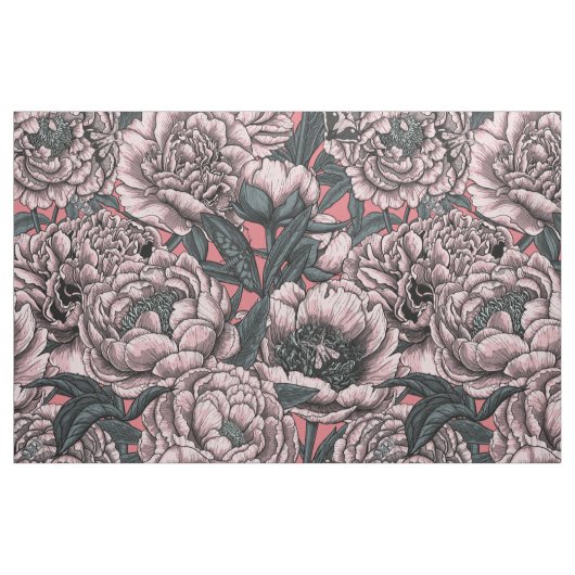 桃色の牡丹の花と蛾 ファブリック (ファットクウォーター)