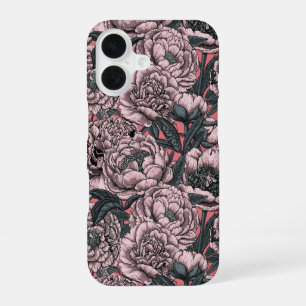 桃色の牡丹の花と蛾 iPhone 16ケース