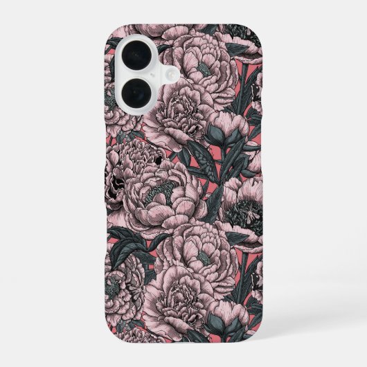 桃色の牡丹の花と蛾 iPhone 16ケース (裏面)