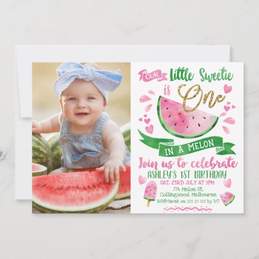 桃色の緑の金ゴールド1メロンフォト第1誕生日 招待状 (正面)