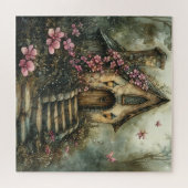 桃色の花を咲かせるおとぎ話のコテージ ジグソーパズル (横)