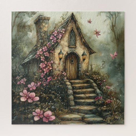 桃色の花を咲かせるおとぎ話のコテージ ジグソーパズル (縦)