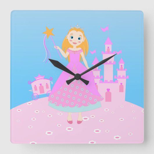 桃色の誕生日パーティーのおとぎ話プリンセス スクエア壁時計 (正面)
