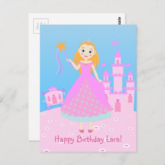 桃色の誕生日パーティーのおとぎ話プリンセス ポストカード (正面/裏面)