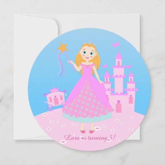 桃色の誕生日パーティーのおとぎ話プリンセス 招待状 (正面)