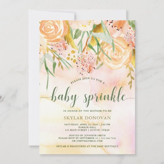 桃色の金ゴールドの水彩画の花柄|のベビーは振りかけます 招待状 (正面)
