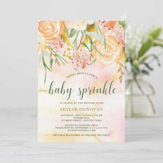 桃色の金ゴールドの水彩画の花柄|のベビーは振りかけます 招待状 (スタンド正面)