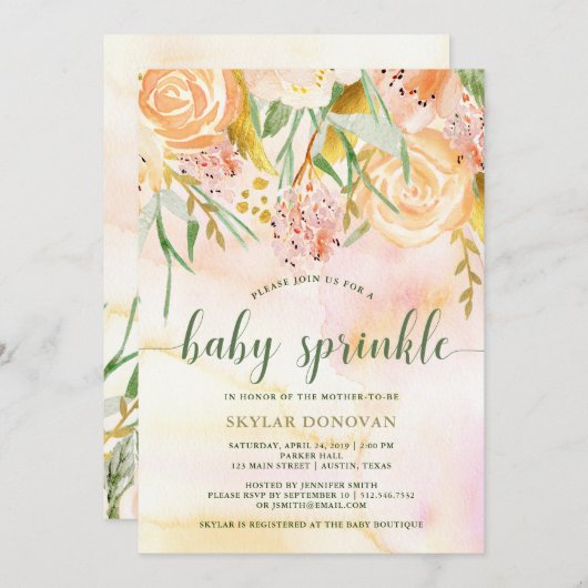 桃色の金ゴールドの水彩画の花柄|のベビーは振りかけます 招待状 (正面/裏面)