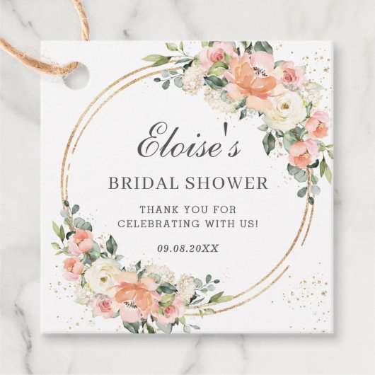 桃色アイボリーピンクの花のブライダルシャワーのお礼 フェイバータグ (正面)