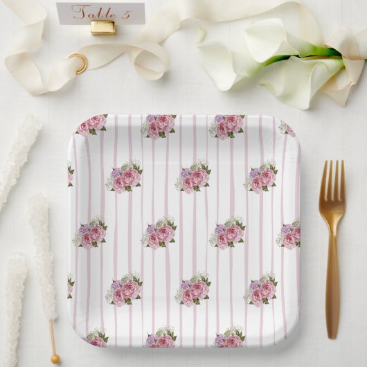 桃色ストライプ紫陽花ベビーの呼吸フローラ ペーパープレート (ウェディング)