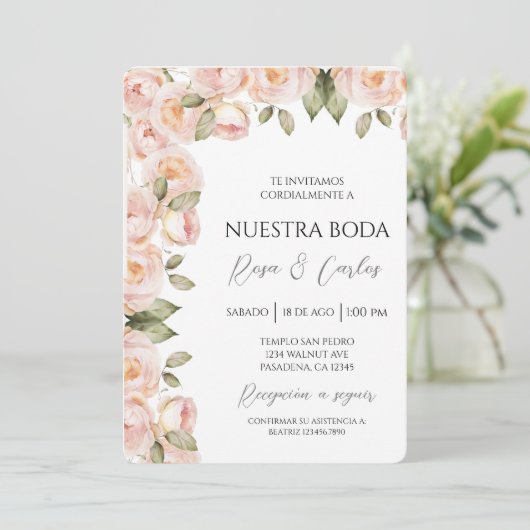 桃色バラスペインの結婚式招待状 招待状 (スタンド正面)