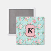 桃色ヴィンテージバラパターンとモノグラム マグネット (正面/裏面)