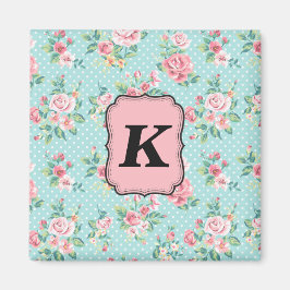 桃色ヴィンテージバラパターンとモノグラム マグネット