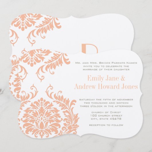 桃色珊瑚とキノコのダマスクの結婚式招待状 招待状 (正面/裏面)