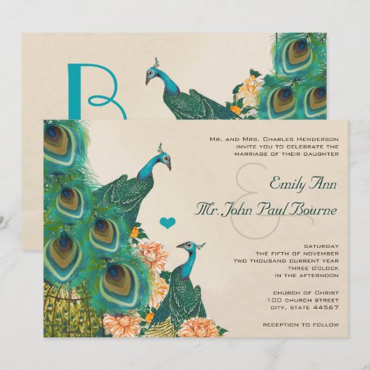 桃色珊瑚杏色牡丹鳥籠孔雀結婚式 招待状 (正面/裏面)