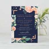 桃色 ネイビー 銅色 花 水彩写真 ウェディング 招待状 (スタンド正面)