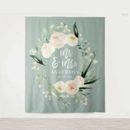桃色+緑のMr&Mrs ウォータカラー花の結婚式 タペストリー