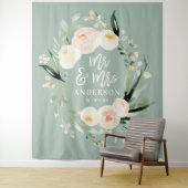 桃色＋緑のMr＆Mrs ウォーターカラー花の結婚式 タペストリー (インサイチュ)