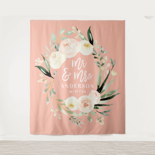 桃色＋緑のMr＆Mrs ウォーターカラー花の結婚式 タペストリー (正面)