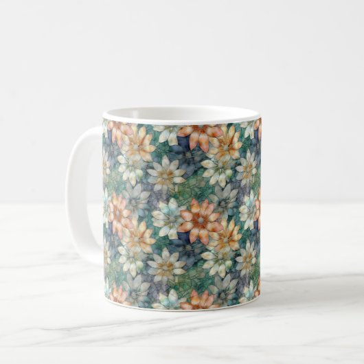 桃色 青 白 緑 花模様 コーヒーマグカップ (正面左)