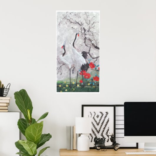 桃花中国の水彩付きクレーン ポスター (ホームオフィス)