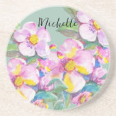 桃芸術的花水彩パーソナライズされた コースター (正面)