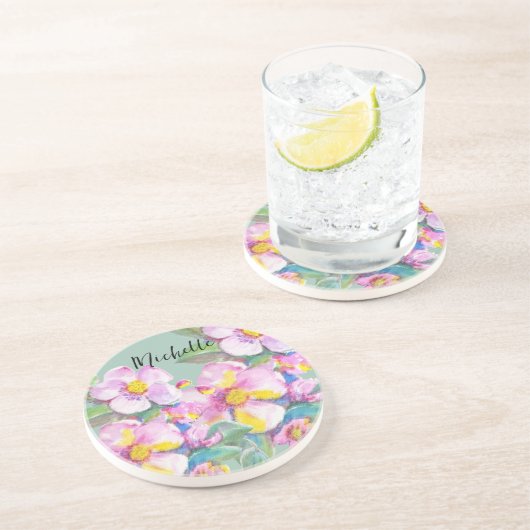 桃芸術的花水彩パーソナライズされた コースター (側面)