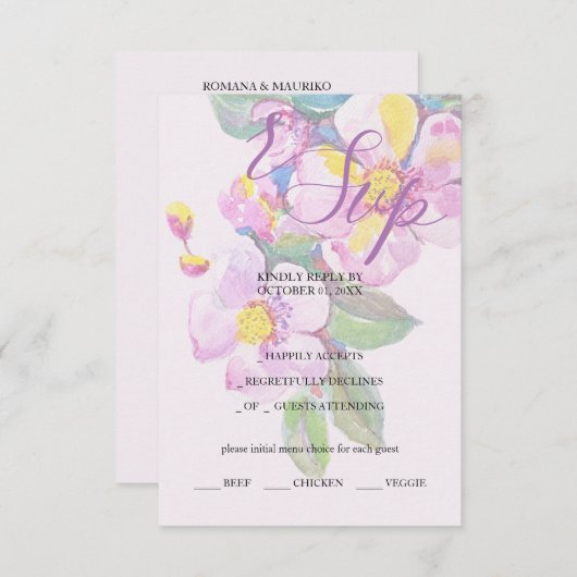 桃芸術的花水彩画 出欠カード (正面/裏面)