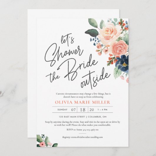 桃赤面とネイビーブライダルシャワー招待 招待状 (正面/裏面)