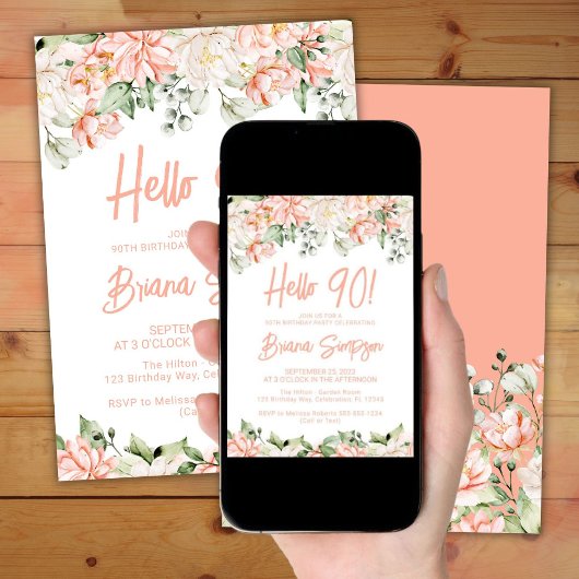 桃赤面アイボリーフローラ90thバースデーパーティー 招待状