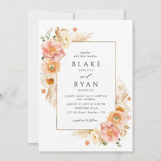 桃赤面クリームシャンパーニュフローラエレガントな結婚式 招待状 (正面)