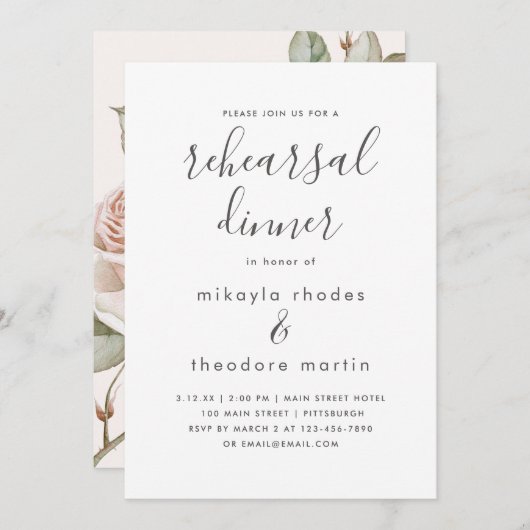 桃赤面バラ結婚ズリハーサルディナーカード 招待状 (正面/裏面)