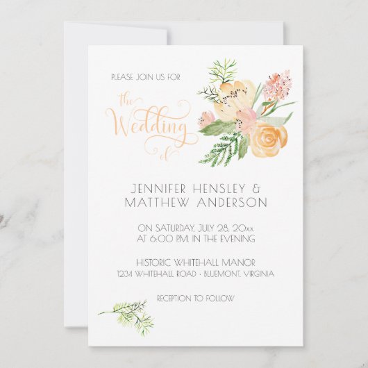 桃赤面ピンク金ゴールドウォーターカラーフローラ結婚ズ | 招待状 (正面)