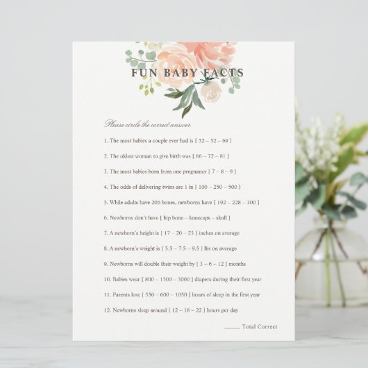 桃赤面フローラおもしろいベビー事実赤ちゃんシャワーゲーム 招待状 (スタンド正面)