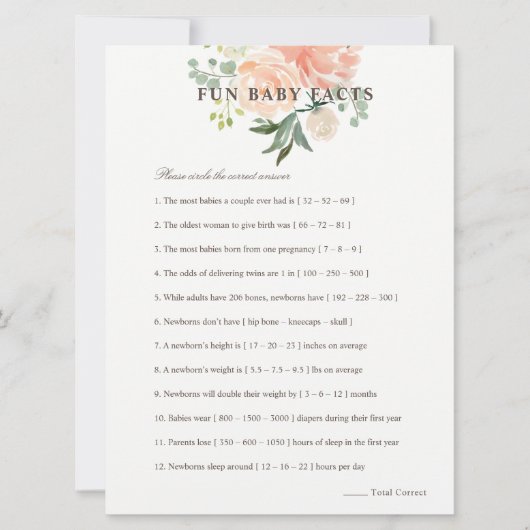 桃赤面フローラおもしろいベビー事実赤ちゃんシャワーゲーム 招待状 (正面)