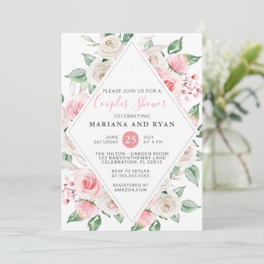 桃赤面フローラカップルベビーシャワー 招待状 (スタンド正面)