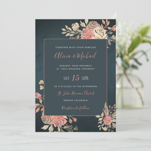 桃赤面ムーディフローラダークネイビーブルー結婚ズ 招待状 (スタンド正面)