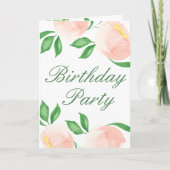 桃赤面水彩フローラフォトバースデーパーティー 招待状 (正面)