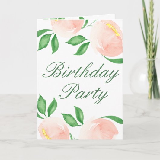 桃赤面水彩フローラフォトバースデーパーティー 招待状 (正面)
