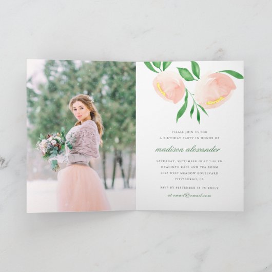 桃赤面水彩フローラフォトバースデーパーティー 招待状 (内部)