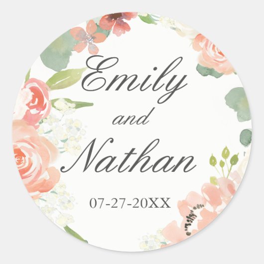 桃赤面水彩フローラ結婚ズシール ラウンドシール (正面)