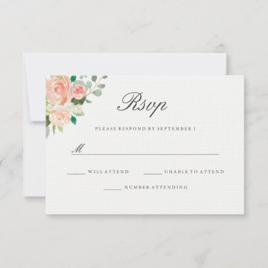 桃赤面水彩フローラ結婚式RSVP 出欠カード (正面)