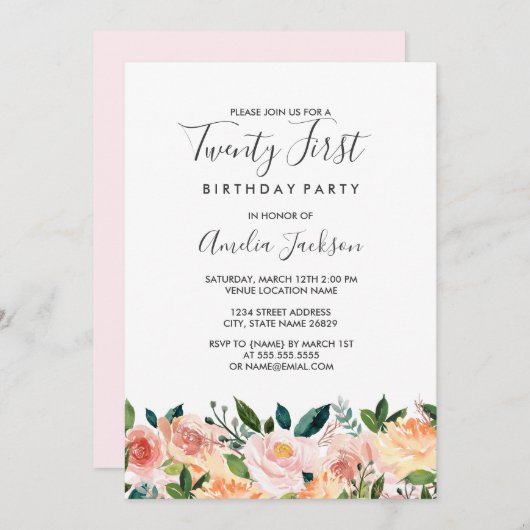 桃赤面水彩フローラ21st誕生日パーティー 招待状 (正面/裏面)