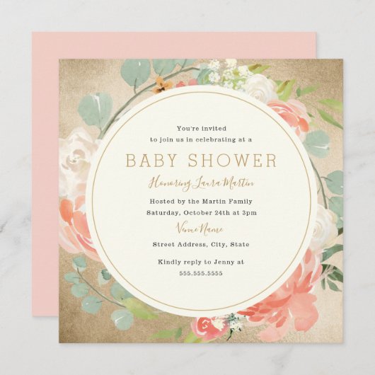 桃金ゴールドスパークルリースフローラベビーシャワー 招待状 (正面/裏面)