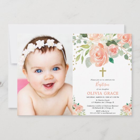 桃金ゴールドフローラ水色バプテスマ女の子写真 招待状 (正面)